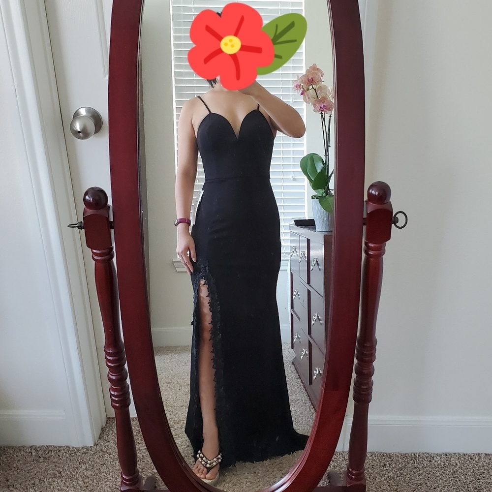 Simply black front split maxi dress